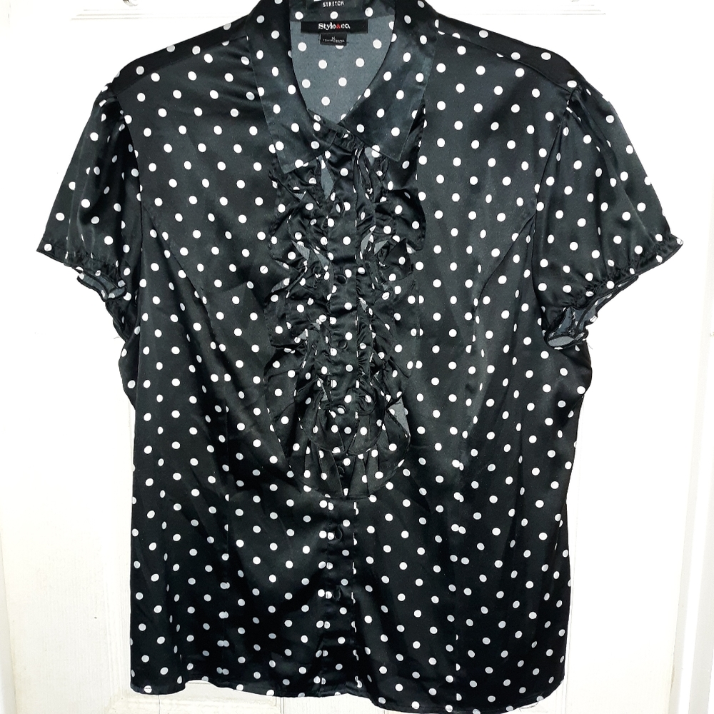 Polka Dot Silky Feel Ruffle Front Blouse
